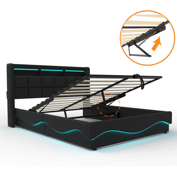 Ліжко-міні-гарнітур 140x200 см із зарядною станцією USB/Type-C, різнокольоровим світлодіодним підсвічуванням, полицею біля узголів&39я та великим місцем для зберігання під ліжком, шкіряне, чорне. Ліжко 140 x 200 см Ebd854-bk
