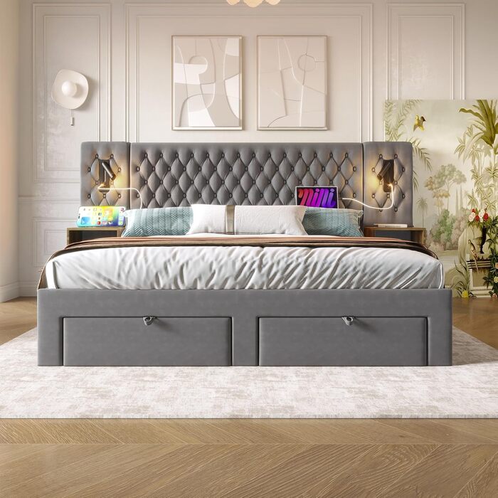 Двоспальний комплект ліжка 180 x 200 см з 2 тумбочками та 4 шухлядами, узголів&39ям зі світлодіодним підсвічуванням та функцією зарядки через USB - повний спальний гарнітур, оксамит, без матраца 180x200 сірий B