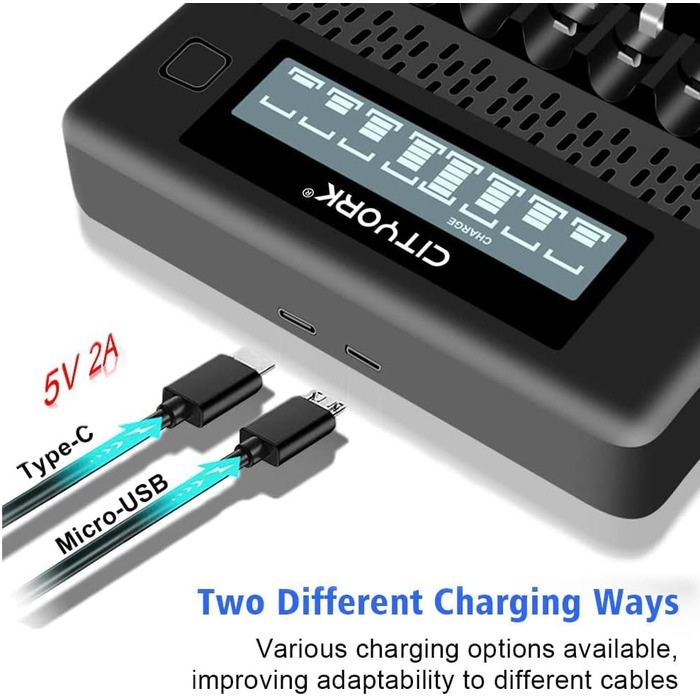 Зарядний пристрій CITYORK для акумуляторних батарей AA AAA, 8-слотовий зарядний пристрій з РК-дисплеєм, швидкою зарядкою через USB та незалежним слотом для акумуляторів AA/AAA Ni-MH Ni-CD