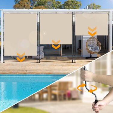 Вертикальний тент із затискачами для зовнішнього використання, 150 x 305 см Вертикальний тент з ручним приводом, свердління не потрібне Екран для балкону та вітрозахисний екран для саду та патіо, бежевий, 150 x 305 см