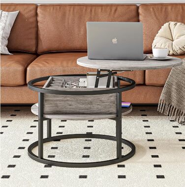 Круглий журнальний столик HOJINLINERO, журнальний столик з регульованою висотою, стіл для вітальні з прихованим місцем для зберігання, з підйомною стільницею, журнальні столики, столик біля дивана, журнальний столик, кругле дерево (сірий)