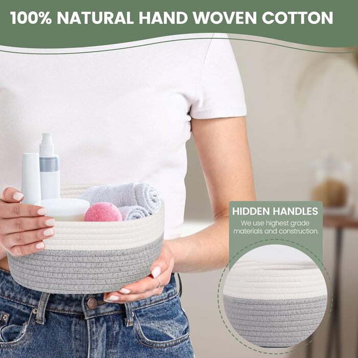 Кошик для зберігання з бавовняної мотузки, набір з 5 шт. , кошик для зберігання, органайзер для пеленального столу, кошик для зберігання у ванну кімнату, дитячу кімнату, пеленальний столик, білий та сірий.
