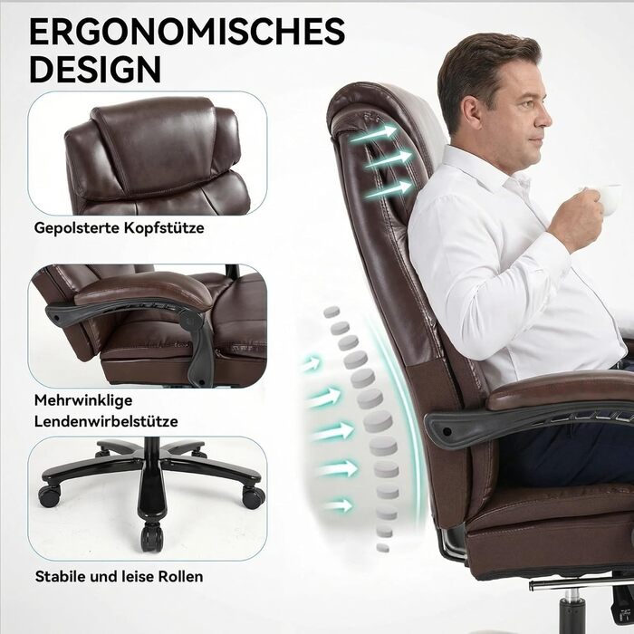 Велике та високе крісло керівника зі штучної шкіри, ергономічне офісне крісло 210 кг з підставкою для ніг, крісло для домашнього офісу з регульованою високою спинкою, обертове крісло з підголівником, комп&39ютерне крісло, коричневе