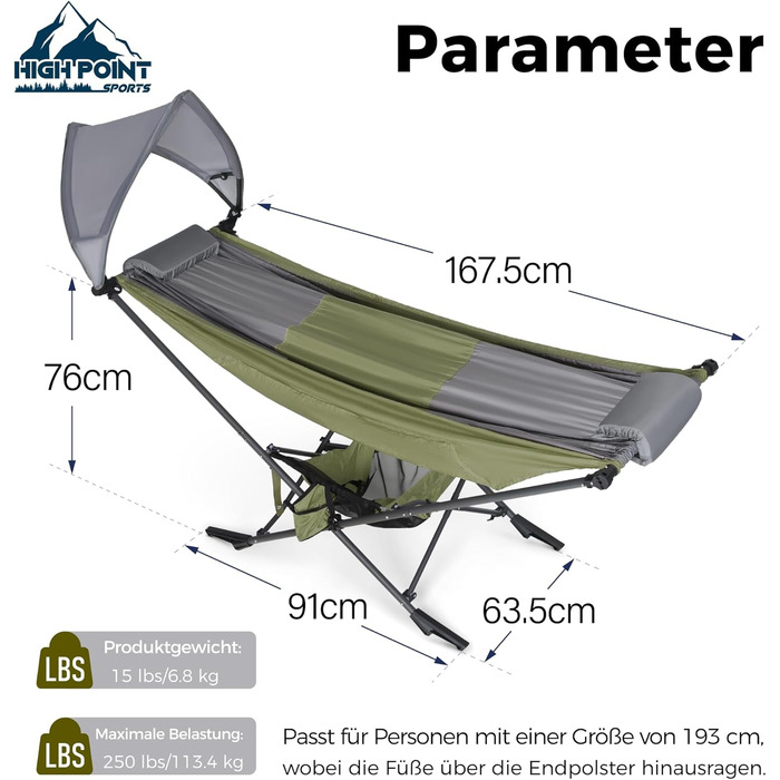 Гамак для кемпінгу HIGH POINT SPORTS, гамак для вулиці зі знімним сонцезахисним тентом, вантажопідйомність 250 фунтів, міцний портативний гамак з дорожньою сумкою для саду, приміщень, балкону, патіо, кемпінгу, зелений