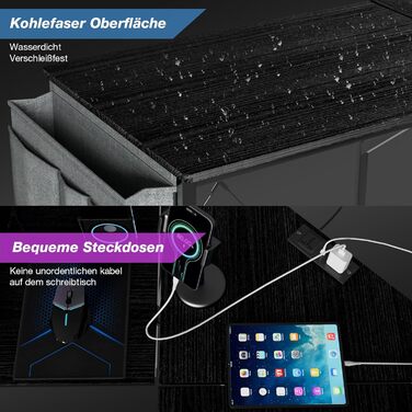 Геймерський стіл Supfine L-подібної форми з кронштейном для монітора, текстура з вуглецевого волокна, кутовий стіл з розетками та USB-портами, відділенням для зберігання речей (чорний)