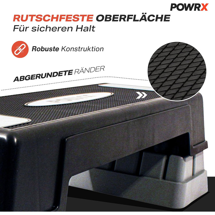 Аеробний степер POWRX 12/17/24 см (3 рівні) сірого кольору Степер з регульованою висотою та нековзним покриттям для аеробіки, гімнастики та фітнесу Домашня степ-лава чорного/сірого кольору