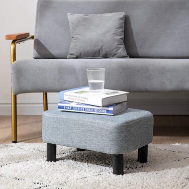 Невеликий пуф, табурет з лляної тканини, прямокутний пуф з м&39яким сидінням, соснові ніжки та м&39яке відділення для взуття для вітальні та спальні, світло-сірий RF-BD214-D Синьо-сіра тканина