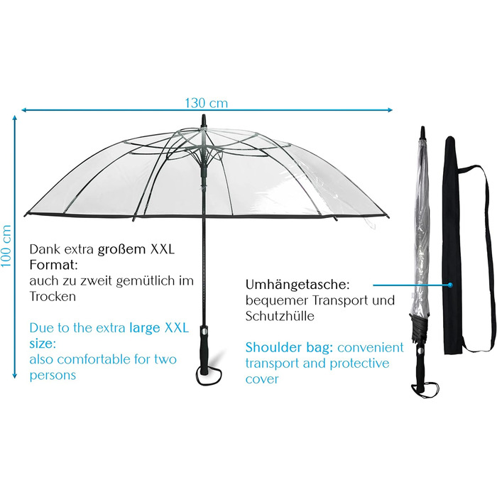 Парасолька Sternenfunke велика XXL Ø130 см прозора, зручна застібка, з чохлом для перенесення, автоматична, ідеально підходить як прозора парасолька-партнер або весільна парасолька - Край чорний прозорий - Чорний край Ø130 см - дуже великий - XXL