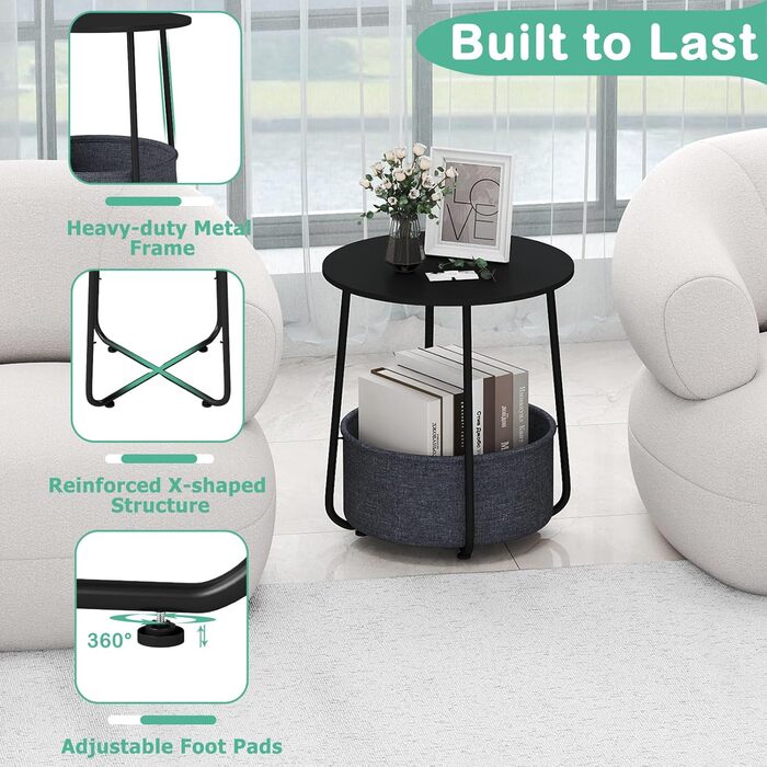 Круглий журнальний столик LIFEZEAL, сучасний столик для вітальні зі знімним кошиком для зберігання з тканини, тумбочка, маленький столик для вітальні, спальні, офісу (чорний темно-сірий)