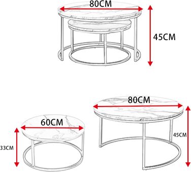 Комплект із 2 круглих журнальних столиків, білий мармуровий журнальний столик з чорною металевою рамою, круглий бічний столик, сучасний столик для вітальні, вбудовані столики для вітальні, спальні, балкону, білий та чорний