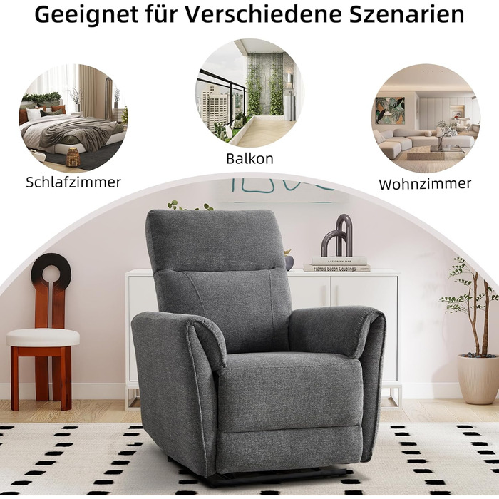 Крісло для телевізора EBELLO з функцією відкидання, регульоване ручне відкидання, одне відкидне крісло, вантажопідйомність до 150 кг, для вітальні/спальні, темно-сірий 1 темно-сірий