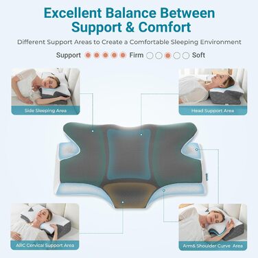 Ортопедична подушка Elviros з піни з ефектом пам&39яті, ергономічна подушка для шиї, подушка для голови для сну на боці, охолоджувальна подушка для підтримки шиї зі знімною наволочкою для сну на спині та животі, колір &quotкосмічний сірий&quot, 64(11,5/13