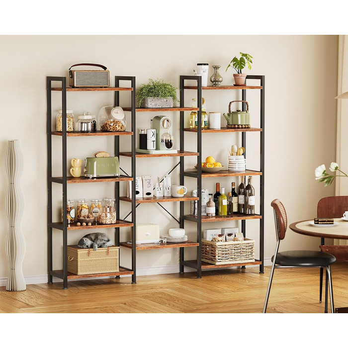 Книжкова полиця Coleshome з 14 полицями, металевий каркас, 5 ярусів, промисловий дизайн, стелаж-перегородка з місцем для зберігання, 24 x 125,6 x 145,4 см, окремостояча полиця для офісу, вітальні, спальні, кухні, коричнева, 5 ярусів