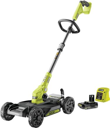 Акумуляторна міська газонокосарка RYOBI 18 V ONE RY18LMC30A-120 (ширина зрізу 33 см, 4-ступінчасте регулювання висоти зрізу від 38 до 75 мм, автоматичне подовження струни, в комплекті акумулятор 2,0 Ач та зарядний пристрій) в комплекті акумулятор 2,0 Ач з