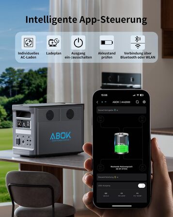 Акумуляторна станція ABOK Ark2000 Powerstation ємністю 1536 Втгод, LiFePO4, з можливістю розширення до 4,6 кВтгод, швидка зарядка від 0 до 100 за 1,3 год, сонячний генератор змінного струму потужністю 2000 Вт з ДБЖ та керуванням за допомогою застосунку дл