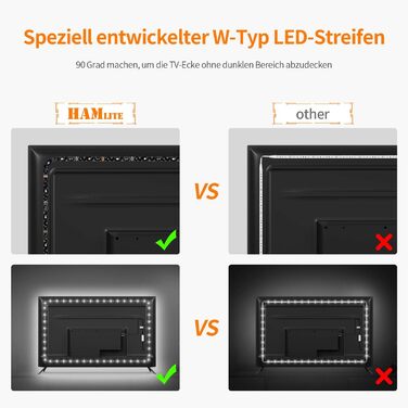 Світлодіодна стрічка HAMLITE 3,5 м, Світлодіодна стрічка 50 55 дюймів, Підсвічування USB-телевізора RGB Гнучке світлодіодне освітлення Телевізор з радіочастотним пультом дистанційного керування, використання для телевізора/ПК (2,5 м (для 32-60 дюймів))