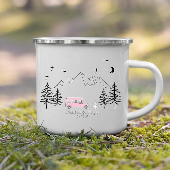 Емальована кружка &quotМаленька Матильда&quot, барвиста персоналізована кемпінгова кружка з іменем для кемпінгу, кавова кружка, аксесуар для каравану, кружка з нержавіючої сталі, подарунок для кемперів (рожевий кемпер)