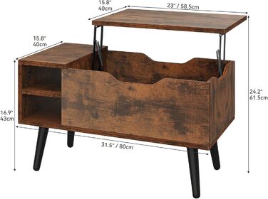 Журнальний столик YITAHOME з підйомною стільницею та прихованим відділенням, регульована полиця, пружинний підйомник, журнальний столик із місцем для зберігання для вітальні, 80 x 40 x 61,5 см, вінтажний коричневий