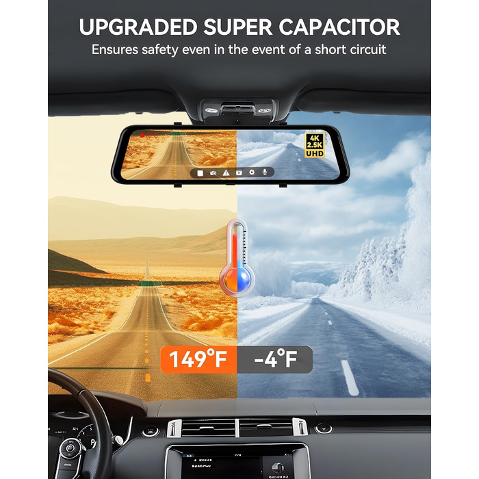 Для дзеркала заднього виду відеореєстратор для переднього та дзеркала заднього виду для автомобіля з екраном 12 дюймів, камерою WDR, нічним баченням, GPS та безкоштовною картою на 64 ГБ (G900), 4K 2.5K