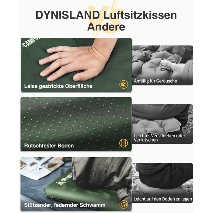 Самонадувальна подушка для сидіння 41 x 33 x 4 см, Складана подушка для сидіння на вулиці, Надлегка подушка для кемпінгу 150 г, Надувна подушка для походів, пікніків, Зелений рейнджер