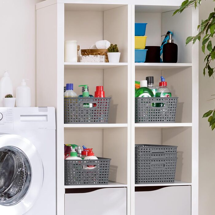 Пластикові кошики для зберігання Winter Shore, сірі 4 шт. - плетені дизайнерські кошики для зберігання речей у шафах, на кухонних полицях, під раковинах, у пральнях, спальнях, ванних кімнатах - 29 x 22,5 x 12 см