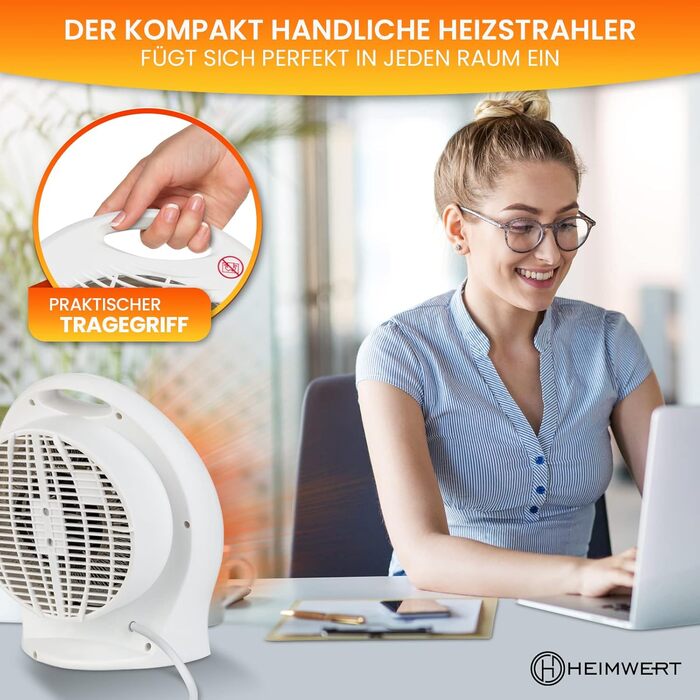 Енергозберігаючий вентилятор-обігрівач 2000 Вт - Швидкий нагрів з режимом енергозбереження та ручкою для перенесення - Електричний обігрівач з термостатом та 2 режимами нагріву Функція охолодження 2 в 1 22x29x13 см (білий)
