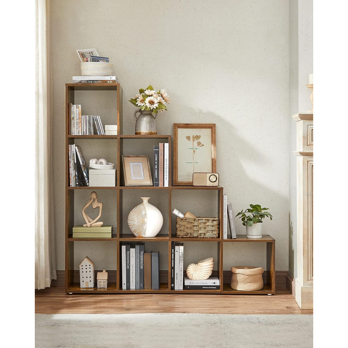 Відкрита книжкова полиця з 10 відділеннями, багаторівнева полиця, система зберігання для декору, фотографій, рослин, вітальня, спальня, кабінет, 29 x 129,5 x 129,5 см, вінтажний коричневий LBC10BX