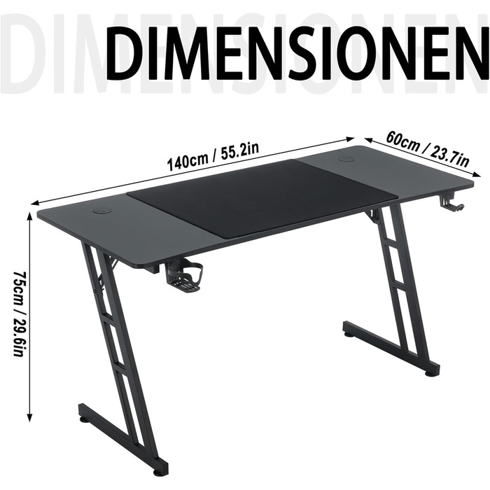 Ігровий стіл AufuN 140 x 60 см, Ігровий стіл зі світлодіодним підсвічуванням, гачком для навушників та тримачем для чашки, Міцний комп&39ютерний робочий стіл, Ігровий стіл для ПК (Тип B без світлодіодів) 140 x 60 см Тип B без світлодіодів