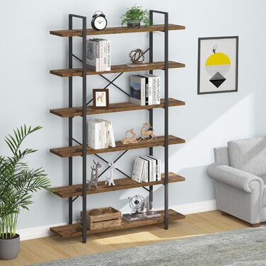 Дерев&39яна книжкова полиця HSH, 6-ярусна окремостояча полиця, промисловий дизайн офісної полиці, відкриті полиці для вітальні, офісу, спальні, кухні, рустикальний коричневий колір, 120 x 32 x 216 см, 6 ярусів