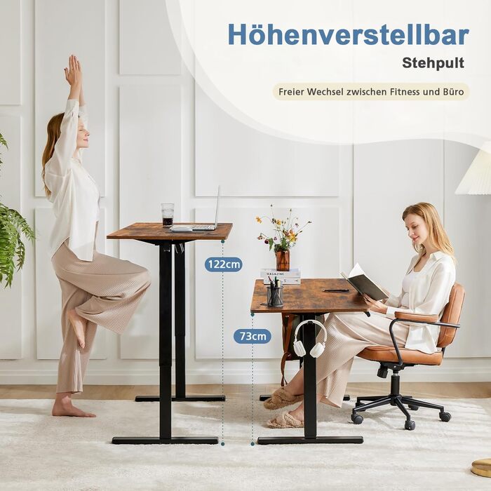 Стіл з регульованою висотою, ергономічний електричний стіл 120 x 60 см, стіл для роботи стоячи, стіл з регульованою висотою, офісний стіл, підходить для офісів, дому та інших місць (коричневий) 4824-brown