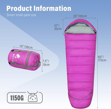Дитячий спальний мішок REDCAMP для хлопчиків та дівчаток 175 x 65 см, матусин спальний мішок, зручний, легкий та теплий з регульованою довжиною, 3 сезони, підходить для кемпінгу та активного відпочинку, синій/рожевий