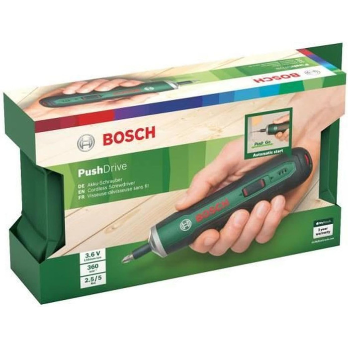 Акумуляторна викрутка Bosch PushDrive (3,6 В, 32 біти, коробка для зберігання)