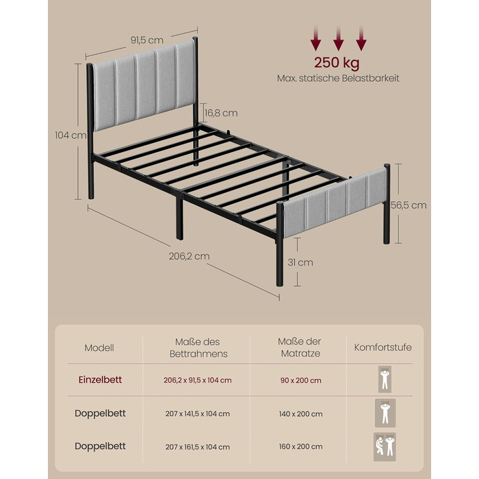 Каркас односпального ліжка VASAGLE, Каркас ліжка, 90 x 200 см, з м&39яким узголів&39ям, Каркас ліжка, Сталь, Витримує до 250 кг, Легке складання, Голубино-сірий RMB972G01 90 x 200 см Голубино-сірий