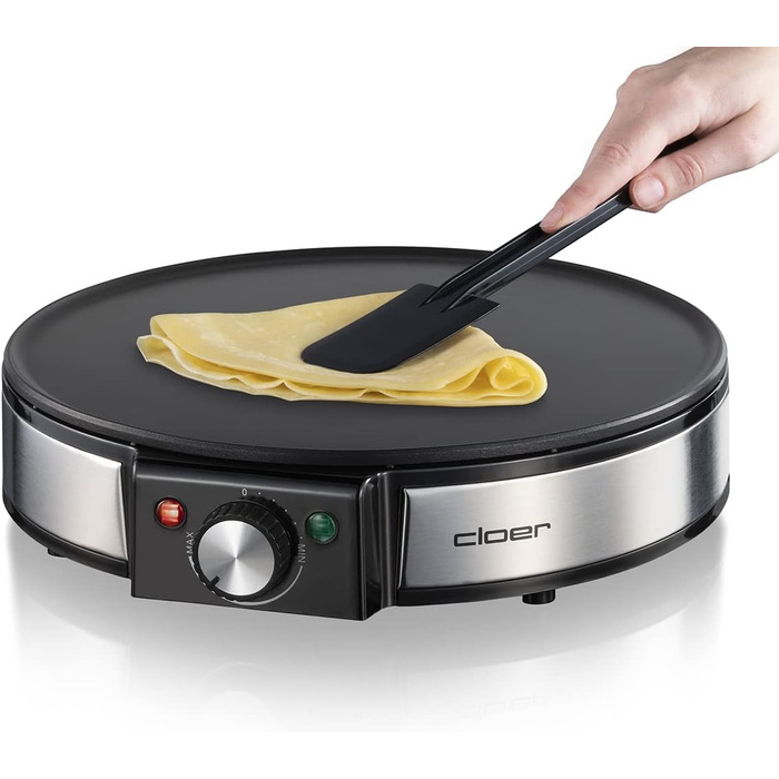 Млинниця Cloer 6630, для солодких або солоних млинців з 30 см Ø, 1200 Вт, антипригарне покриття, в т.ч. дерев'яний розмазувач і токар тіста, чорний Single