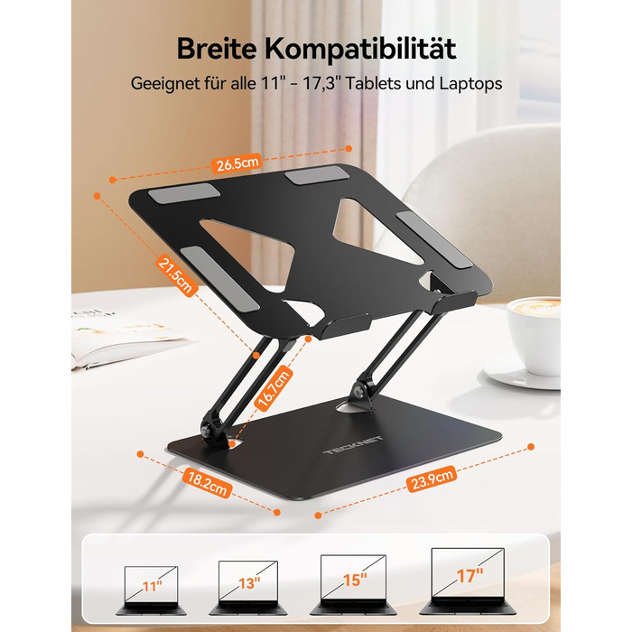 Стійка для ноутбука TECKNET, складана, ергономічна, металева підставка для ноутбука, сумісна з моделями 10-17,3 дюймів, чорна