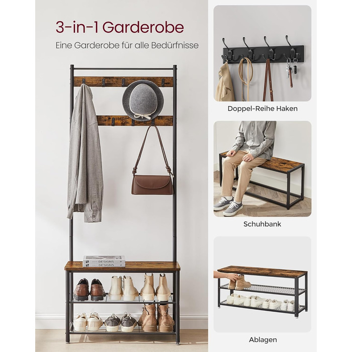 Вішалка для одягу, Вішалка для одягу з полицями для взуття, Вішалка для взуття із сидінням, для передпокою, з гачками, 3 полиці, Метал, Висота 177 см, Промисловий дизайн, Вінтажний коричнево-чорний HSR41BX 70 x 177 см Вінтажний коричневий чорний