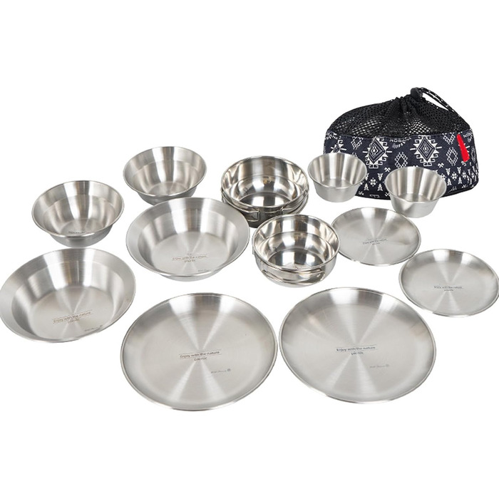 Набір туристичного посуду з нержавіючої сталі на 12 осіб, сріблястого кольору, штабельований, для подорожей та щоденного використання, ідеальний для кемпінгу та пікніків