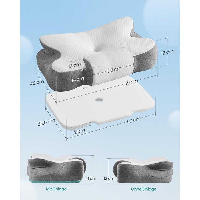 Подушка SONGMICS, ергономічна подушка, подушка для шиї, регульована по висоті, подушка для сну, подушка з піни з ефектом пам&39яті, для сну на боці, спині та животі, хмарно-білий-голубино-сірий TBP051GZ02
