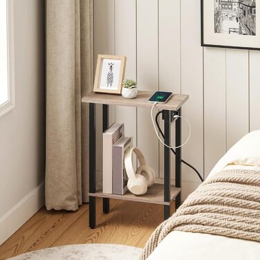 Вузький 2-ярусний бічний столик HOOBRO, диван-столик із зарядною станцією, тумбочка з полицею, журнальний столик, для невеликих приміщень, вітальні, спальні, кабінету, сіро-чорний EBG240CBZ01 сіро-чорний 1