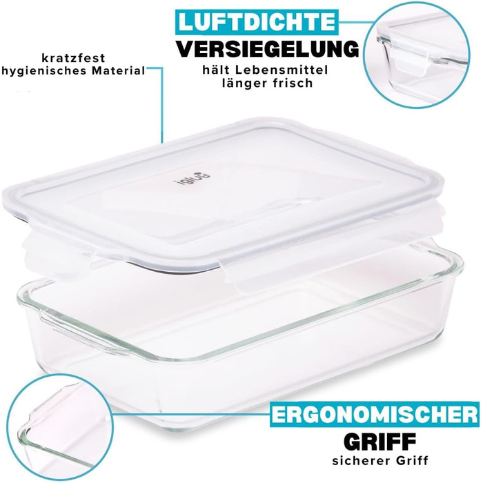 Форма для запікання лазаньї Igluu з кришкою, що застібається, без бісфенолу А - 2,2 літра () - прямокутна, міцна форма з боросилікатного скла - придатна для використання в духовці, мікрохвильовій печі, морозильній камері та посудомийній машині, набір з