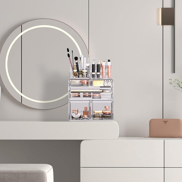 Органайзер для макіяжу/Коробка для зберігання косметики/Футляр для зберігання макіяжу Readaeer у 3 шари з 6 висувними ящиками, підходить для спальні та ванної кімнати, прозорий