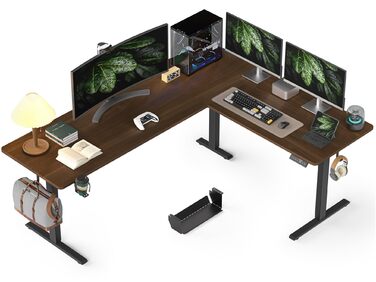 Подібний електричний стіл з регульованою висотою, 190 x 150 см, кутовий стіл, регульована висота, комп&39ютерний стіл з можливістю роботи сидячи та стоячи з органайзером для кабелів для офісу, ігровий, чорний горіх, 190 x 150 см