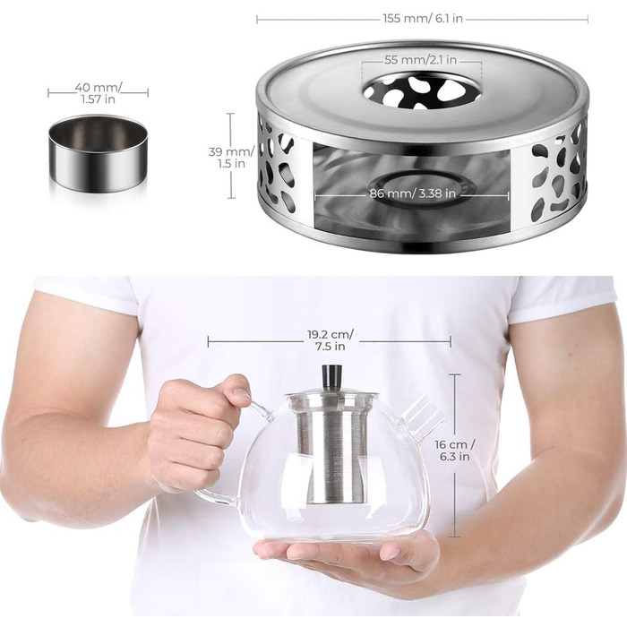 Заварник Ecooe 1.5 л з підігрівачем чайника, скляним чайником і підігрівачем чаю з нержавіючої сталі 1500 мл з підігрівачем чайник