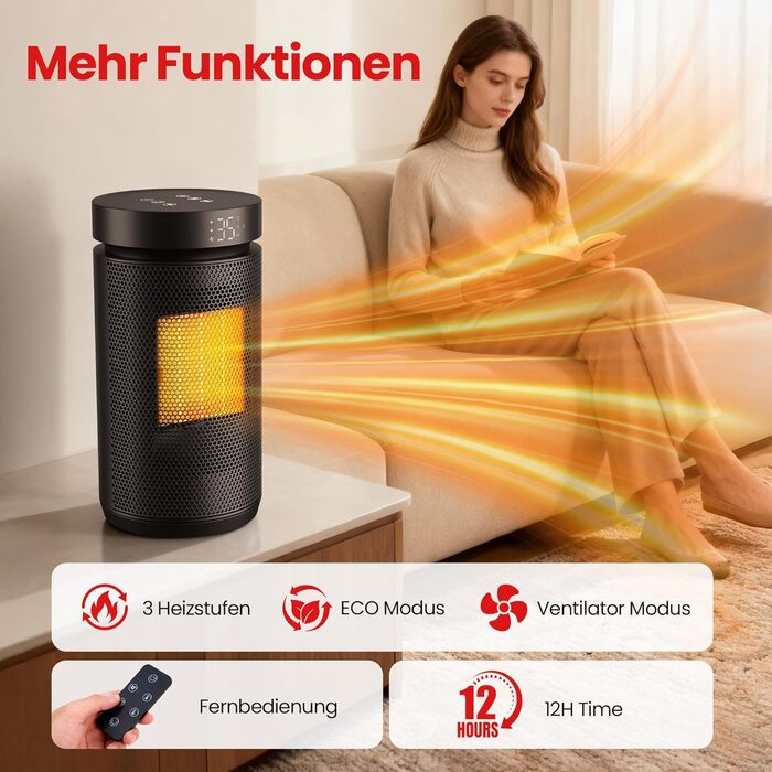 Енергозберігаючий вентилятор-обігрівач потужністю 1500 Вт, тихий електричний обігрівач з термостатом, керамічний нагрівальний елемент PTC, захист від перегріву та перекидання, 3 режими, 12-годинний таймер, коливання 70, для кімнати/кемпінгу/офісу