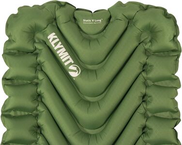 Надувний килимок Klymit Static V Long для кемпінгу, легких походів та подорожей з рюкзаком, повітряне ліжко для високих кемперів, товщина 6,3 см, зелений