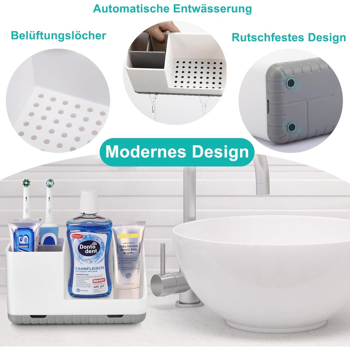 Тримач для зубної щітки для органайзера у ванній кімнаті, тримач для електричної зубної щітки зі зливним отвором, знімний органайзер для зубної щітки для ванної кімнати, кухні та сімї (сірий)