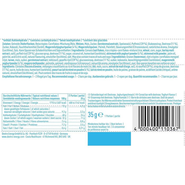 Йогуртовий батончик DEXTRO ENERGY Muesli - 25x35 г (25 шт.) - Смачний злаковий батончик як альтернатива шоколадним батончикам, для швидкого та тривалого постачання вуглеводів. Йогурт одинарний