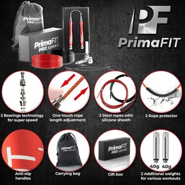 Скакалка PrimaFIT для дорослих Fitness Pro Швидкісна скакалка 3 м скакалка регулюється з обтяженнями, 2 кульковими підшипниками та протиковзкими ручками, професійні скіппінг для боксу, ММА, кроссфіт, додаткова сталева мотузка, сумка червона