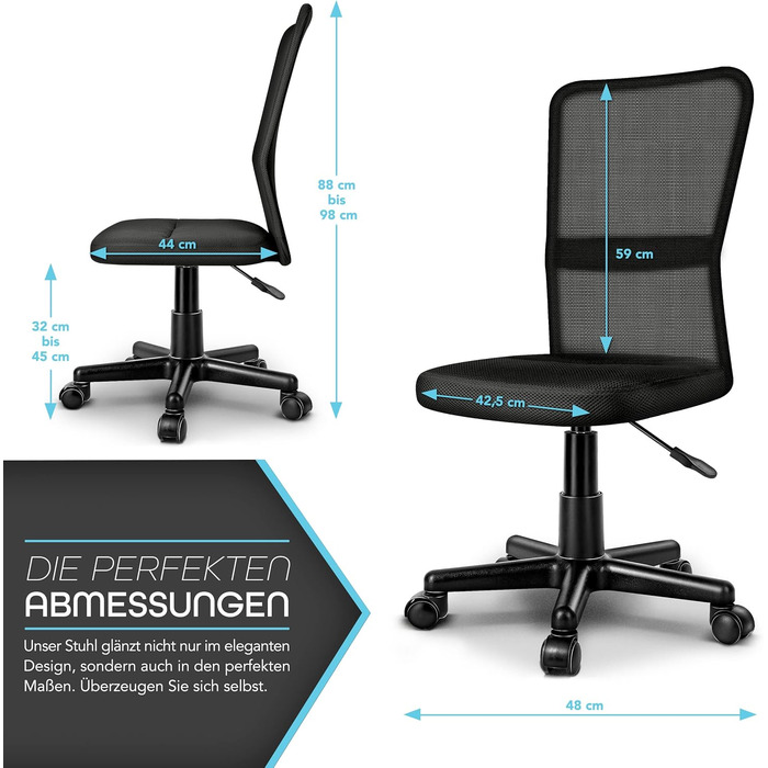 Офісний стілець TRESKO, стілець для роботи, обертовий стілець, доступний у 7 кольорах, з плавно хідними пластиковими колесами, плавне регулювання висоти, м&39яке сидіння, підйомний механізм, протестований SGS (чорний) Без підлокітників, чорний
