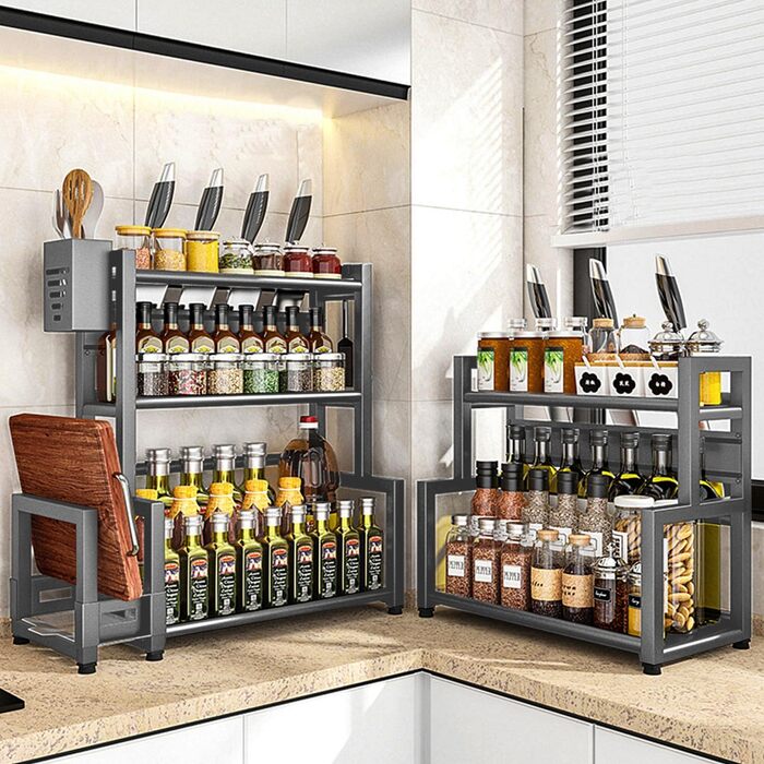 Стелаж для спецій Devesanter, 3 яруси, кухонна полиця для банок для спецій великої місткості, металевий органайзер для зберігання на стільниці з тримачем для обробної дошки, тримач для посуду, з 6 гачками, сірий, 3 яруси, металевий, сірий